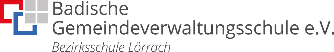 Logo der Badischen Gemeindeverwaltungsschule e.V., Bezirksschule L�rrach in den Farben rot, blau und grau